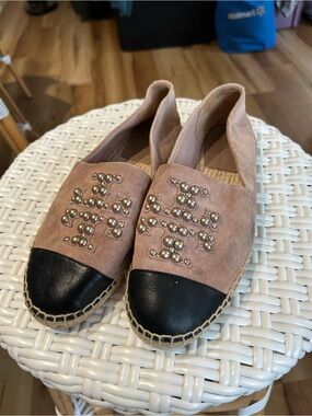 TORY BURCH PEARL LOGO SUEDE FLAT ESPADRILLES CAP TOE IN MEADOW SWEET US 8